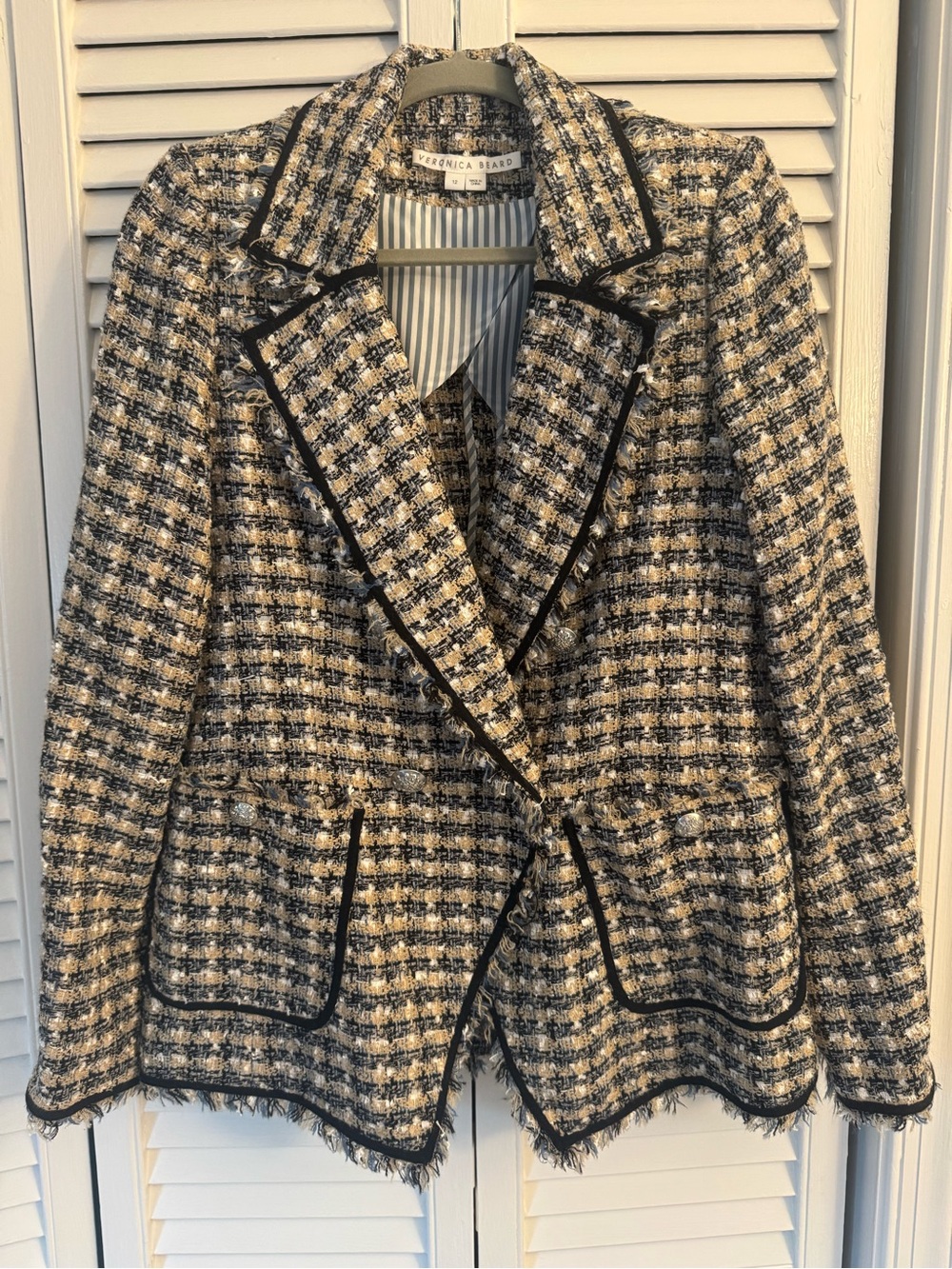 Veronica Beard Black and Cream Tweed Blazer with Fringe Trim